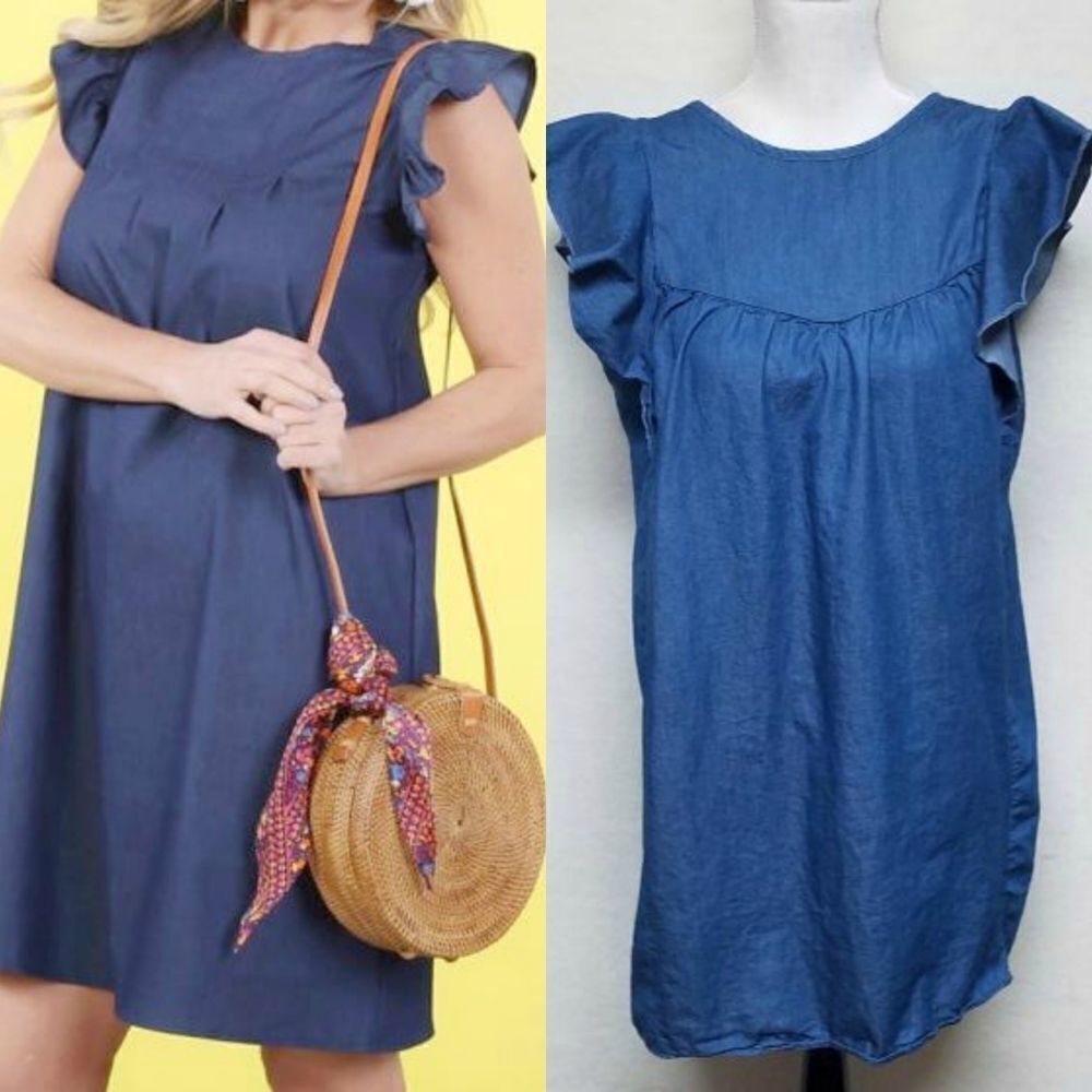 Lemon Tree Blue Chambray Flutter Sleeve Dress